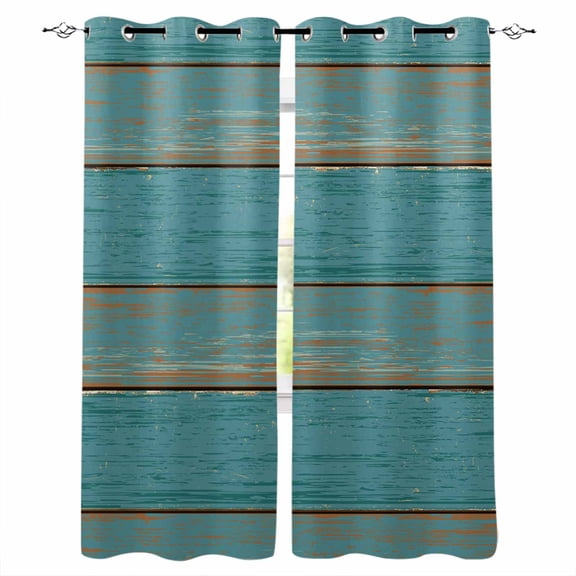 Fsddascl Teal Wood Grain Blackout Curtains for Bedroom/Living Room, Thermal Insulated Kitchen Curtains, Farmhouse Vintage Wooden Rustic Grommet Darkening Window Treatment Drapes 42"x84"x2