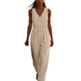 thumbnail image 2 of ClodeEU Women's V Neck Sleeveless Drawstring Waist Wide Leg Jumpsuit, Casual Loose Romper with Pockets Khaki,Women's Plus XL, 2 of 6