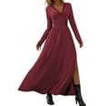 thumbnail image 2 of Women Deep V Neck Long Sleeve Slit 2025 Fall Elegant Formal Wedding Evening Date Prom Maxi Long Dress Wine Red XL, 2 of 9