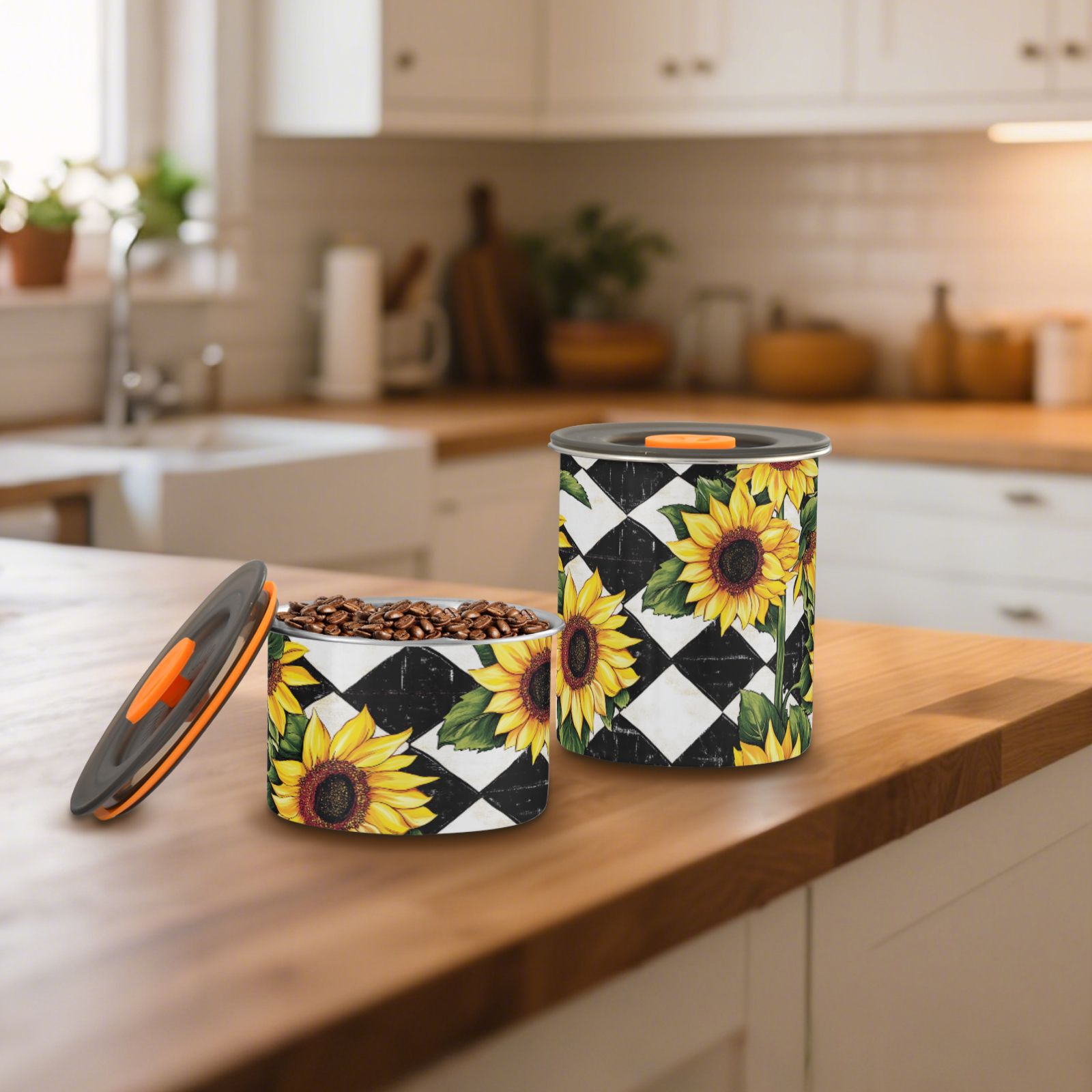 Sunflowers Checkered Airtight Coffee Bean Canister 30oz Food Storage Containers with Lids For Gournd, Tea, Sugar, Flour, Rice, Cereal, Candy Cookie Jar