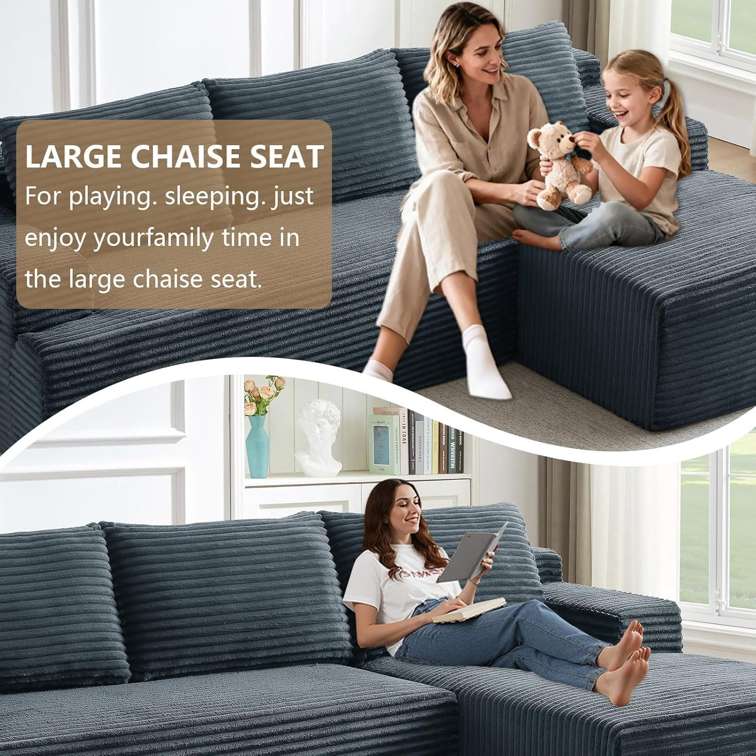 96" Boneless Cloud Couch with Chaise, Modular Sectional Sofa for Living Room, No Assembly Required, Deep Seat Corduroy Couch, Dray Gray