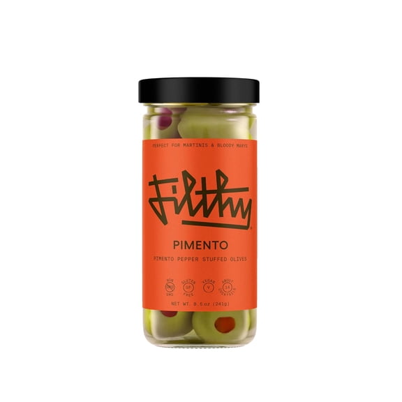 Filthy Pimento Stuffed Olives, Premium Cocktail Garnish, Spanish Pimento Pepper Stuffed Olives, Non-GMO, Gluten Free.
