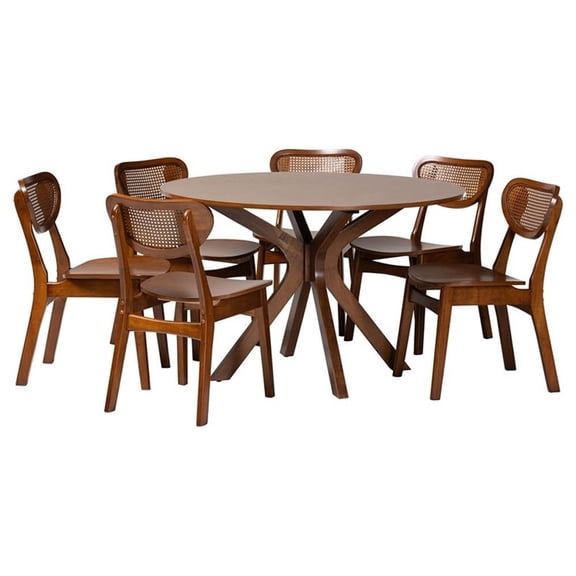 Baxton Studio Giuliana Walnut Brown Wood and Woven Rattan 7-Piece Dining Set