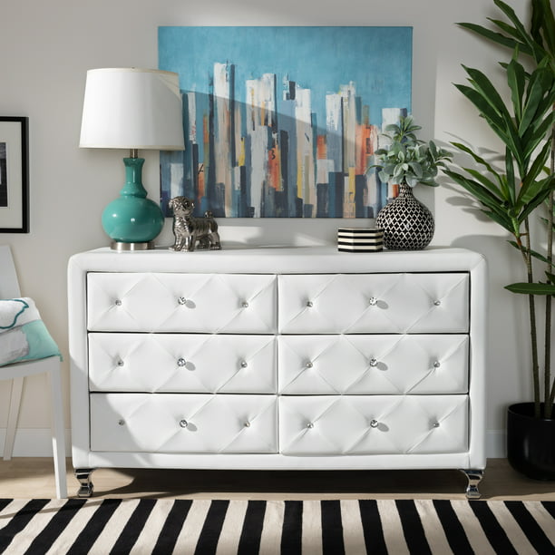 White Faux Leather Upholstered Dresser, Baxton Studio Luminescence White Faux Leather Upholstered Dresser