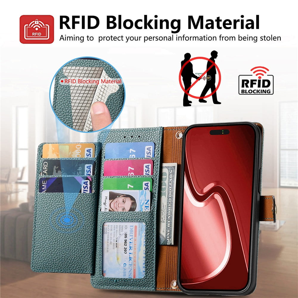 For iPhone 15 Pro Max Leather Phone Case Wallet Zipper Pocket Pouch Folio Flip Cover Kickstand, Multi Anti-theft Card Holder Cash Slot, Double Magnetic Buckle, Wrist Lanyard,Green