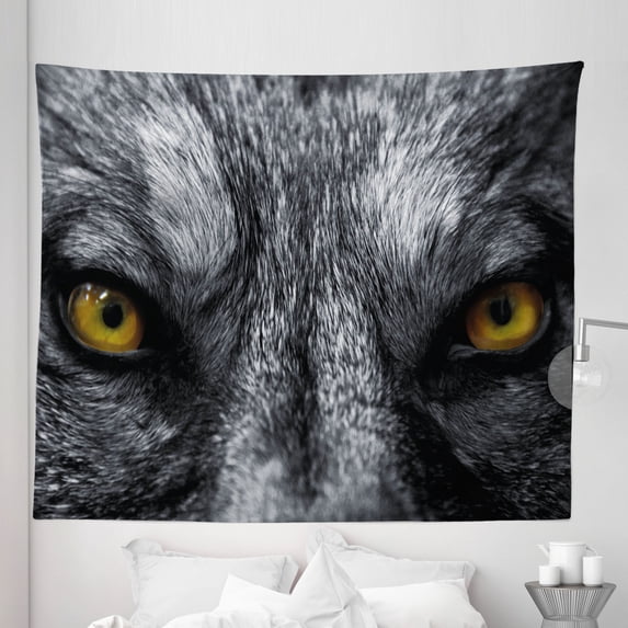 Eye Tapestry, Dangerous Mammal Eyes of Wild Wolf Aggressive Predator Carnivore Image Print, Fabric Wall Hanging Decor for Bedroom Living Room Dorm, 5 Sizes, Black White Yellow, by Ambesonne