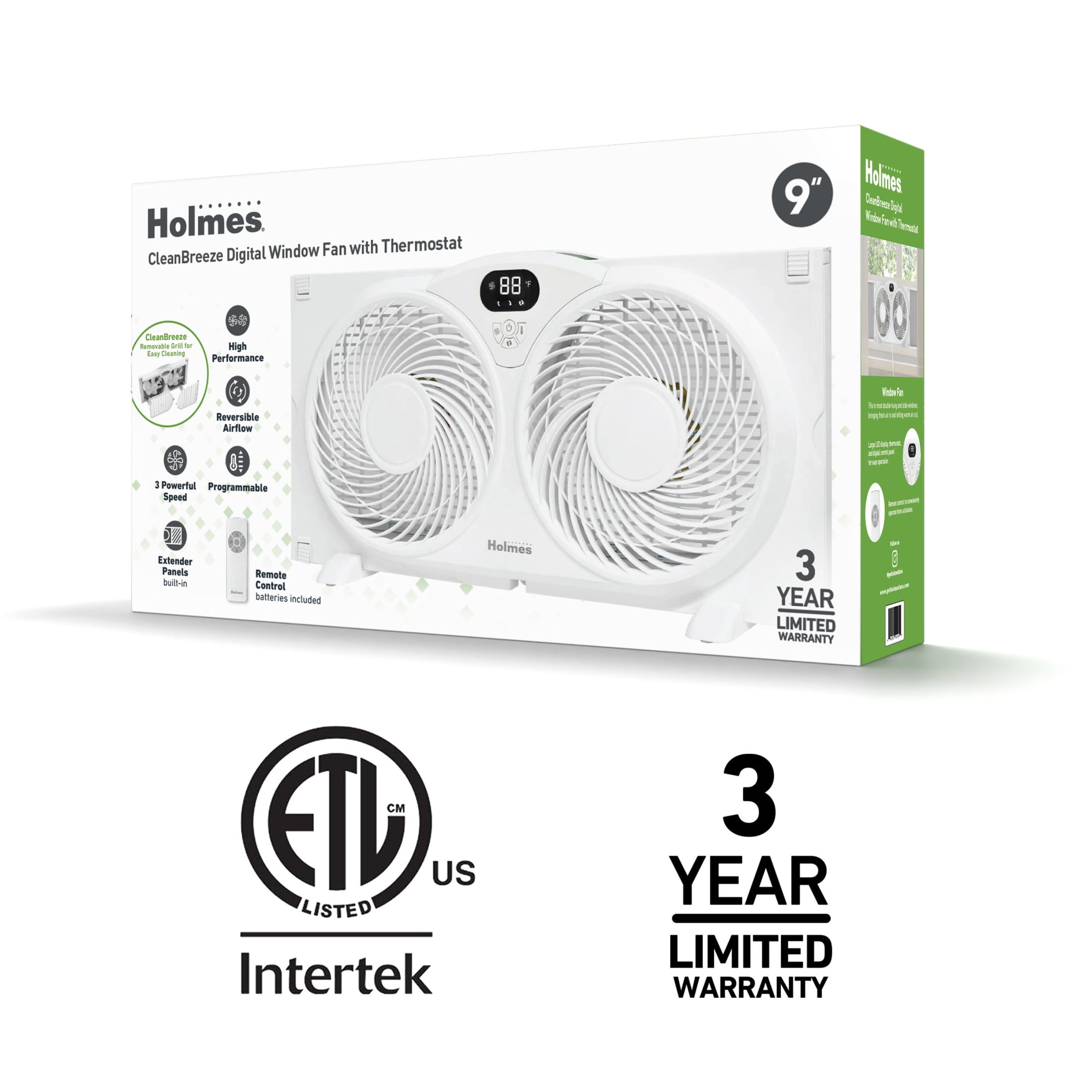 Holmes 9 Inch Digital Window Fan 3 Speed Thermostat Remote Reversible Twin Blades White