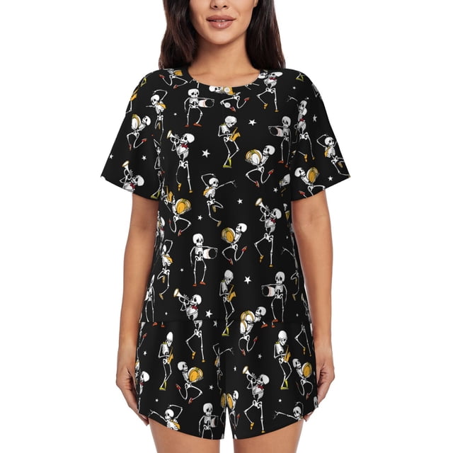 Xecao Playing Music Skeletons Pattern Women's Short Sleeve Pajama Set Soft Sleepwear Lounge Set with Button Front Top and Drawstring Shorts with Pockets-Large