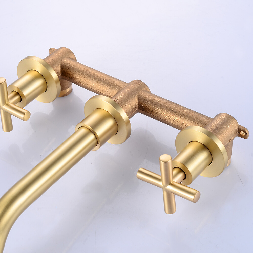 Gold Bathroom Brass Faucet Sink Tub Wall Mounted 3-Hole Dual Handle Mixer Tap for Home Bathrooms