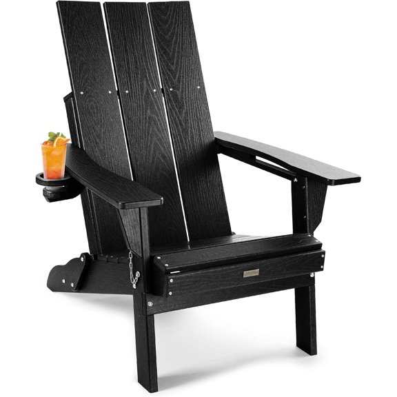 WINSOON Modern HDPE Outdoor Folding Adirondack Chair With Cup Holder,Black