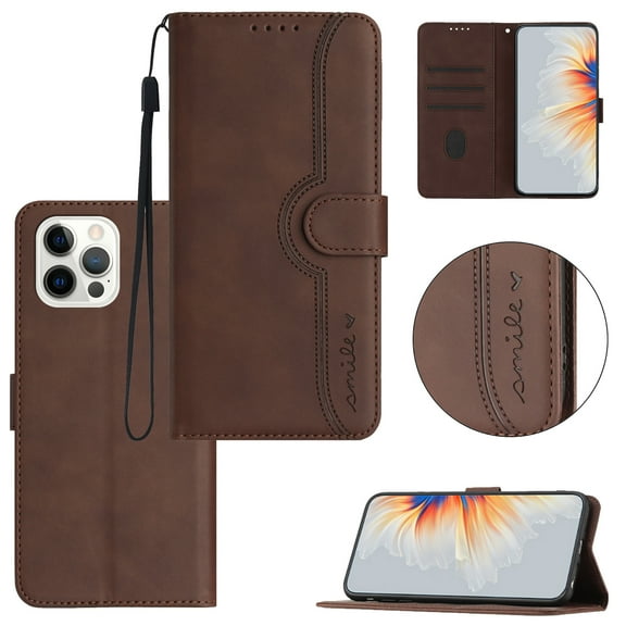 Wallet Case for iPhone 14 Pro, [RFID Blocking][Kickstand][Magnetic Closure] Flip Folio Wallet Case PU Leather Card Slots and Detachable Hand Strap Phone Case For iPhone 14 Pro, Brown