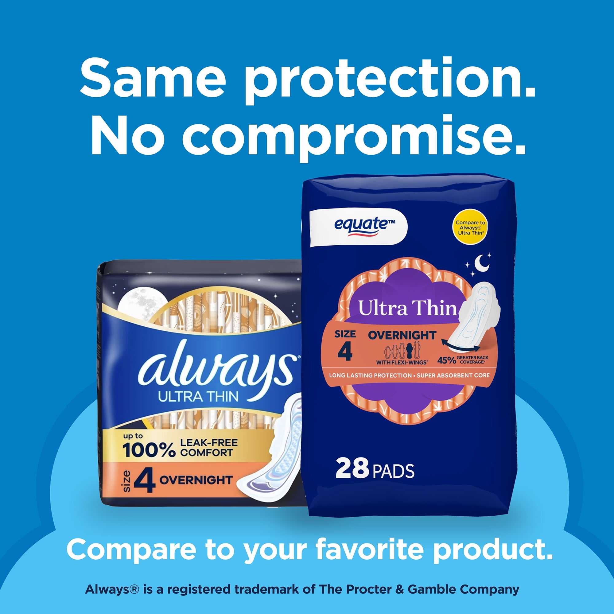 Equate Ultra Thin Pads with Flexi-Wings, Overnight Absorbency, Size 4, 28 Count