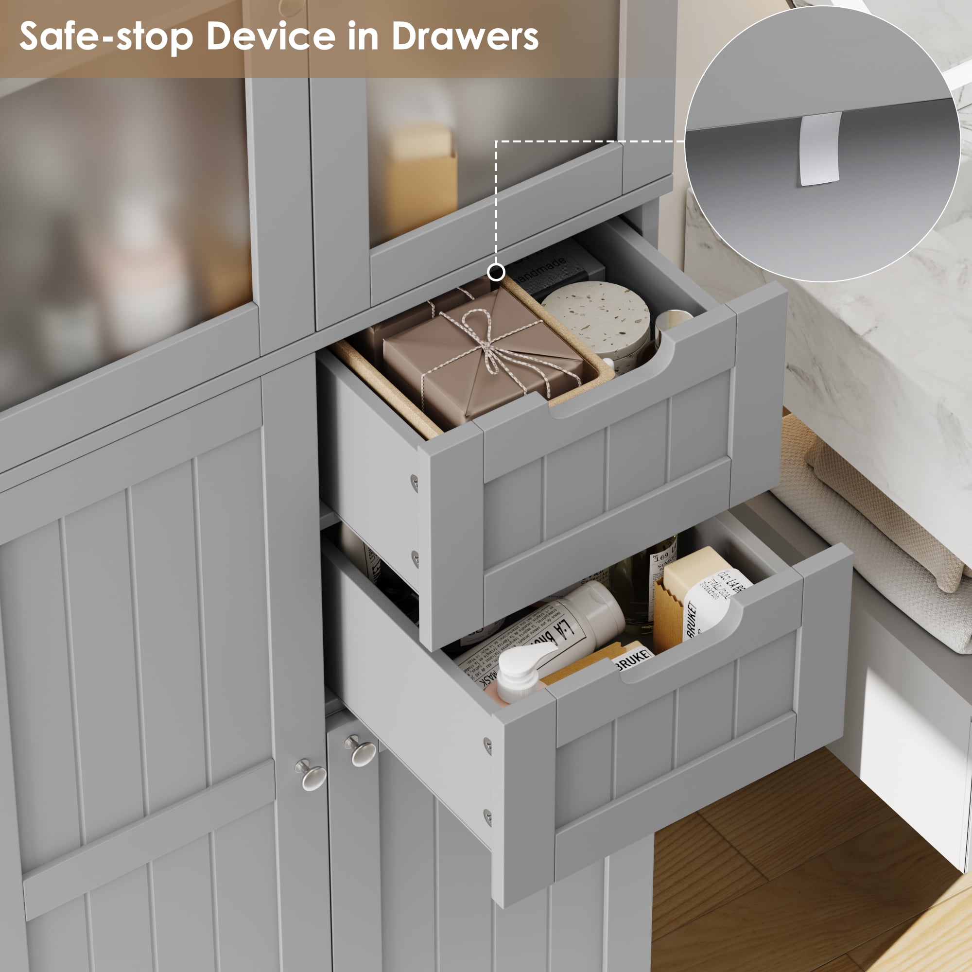 Homfa 67" Tall Bathroom Cabinet, Linen Cabinet with Doors and Removable Drawers, Kitchen Cupboard, Gray