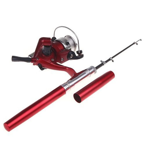 RED Mini Fishing Fish Rod Pen Spin Reel Pole Fly Stick 