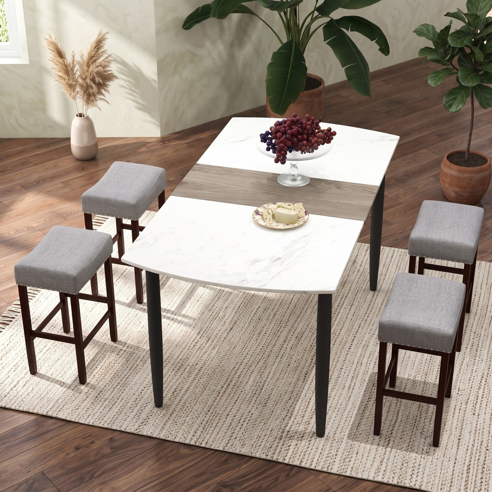 Furnibear Set of 2 25 Inch Backless Bar Stools with Curved Cushioned Seat, Linen Upholstered Counter Height Kitchen Bar Chairs with Rubber Wood Legs and Footrest, Gray