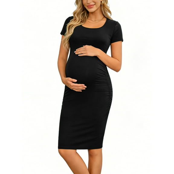 Smallshow Women's Short Sleeve Maternity Dress Side Ruched Pregnancy Bodycon Dress