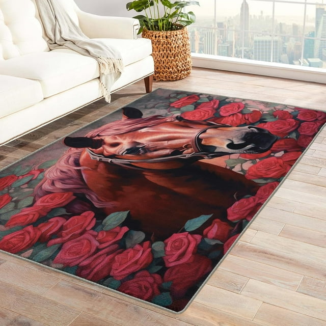 Horse Rug 2x3 Area Rugs Red Roses Rugs for Entryway, Flower Carpet for Bedroom Living Room, Machine Washable Non-Slip Indoor Door Mat, Soft Low Pile Area Rug, Small Decorative Rug la&190