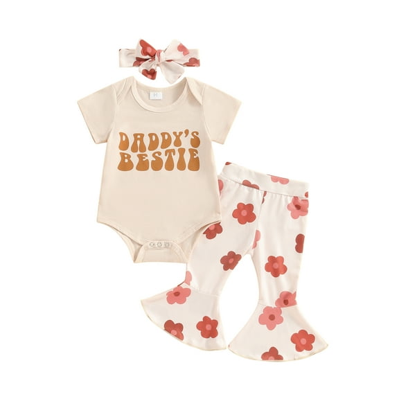 Baby Girl Summer Bell Bottoms Outfits Letter Print Short Sleeve Rompers Daisy Print Flare Pants Headband Set