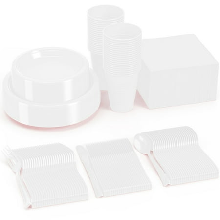 182 Pc Plastic Dinnerware Set: Includes 26 Each of 9'' Plates Disposable, 7'' Dessert Plates, 12oz Cups Napkins & Cutlery