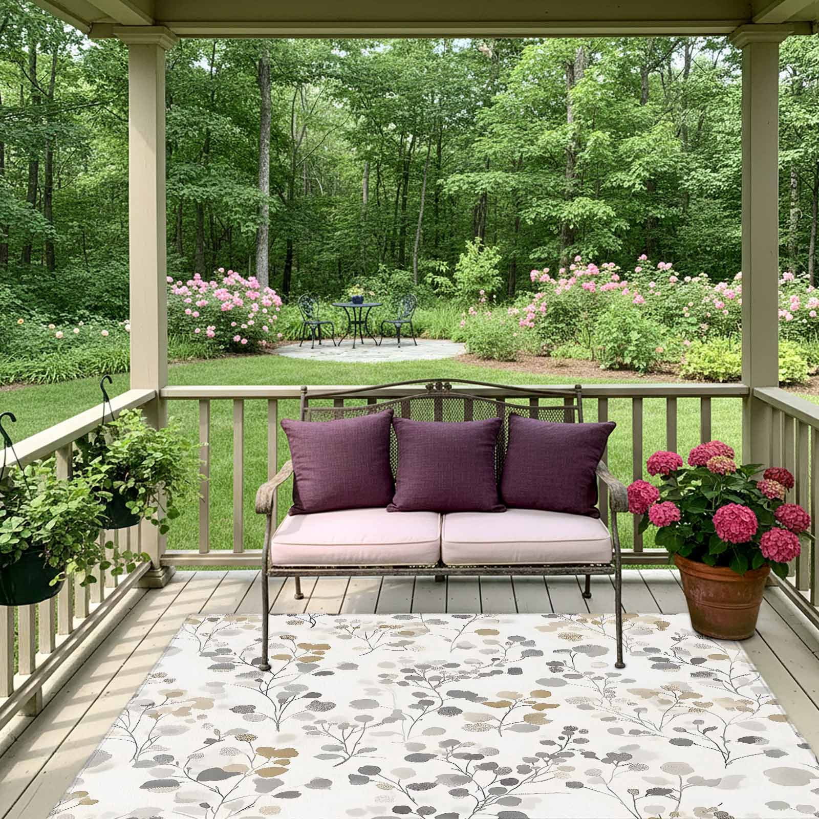 Outdoor Rug 5x8ft Ombre Gray Floral Large Area Rug Watercolor Leaves Plant Indoor Outdoor Carpet Outdoor Rugs Mats for Patio Camping,RV,Front Door, Outside Decor