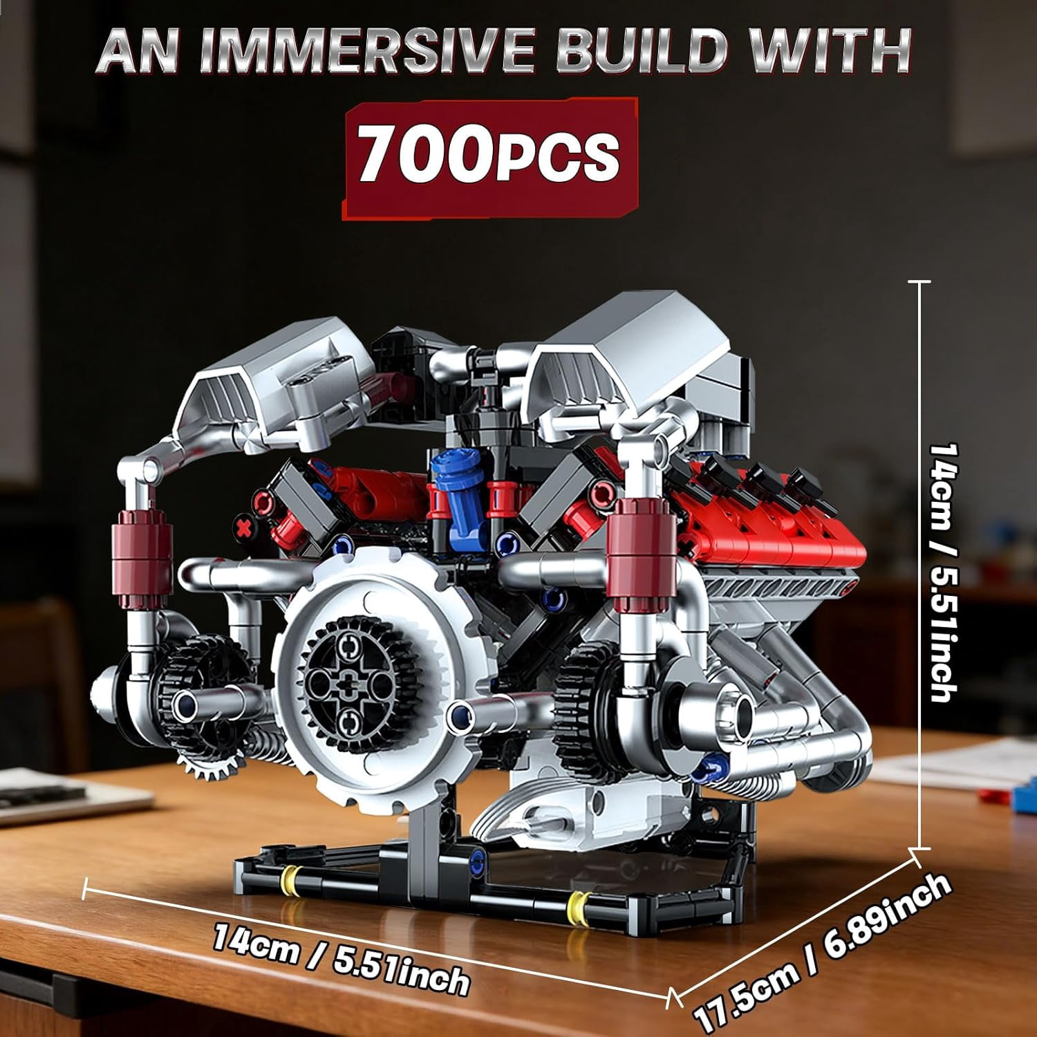 700PCS V8 Engine Kits that Works Building Sets,Car Engine Model Kit with Motor and Lights,Visible Piston Movement Mechanical STEM Toy for Car Enthusiasts Adults,Kids