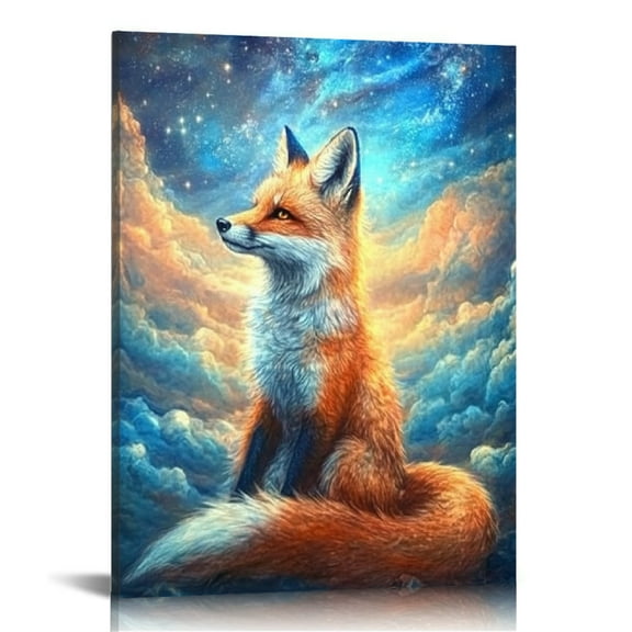 Autua Fox Stars Night Wall Decor Canvas Art Print for Living Room Bedroom Home Office, High Resolution Fox Theme Wall Pictures 12x16 in
