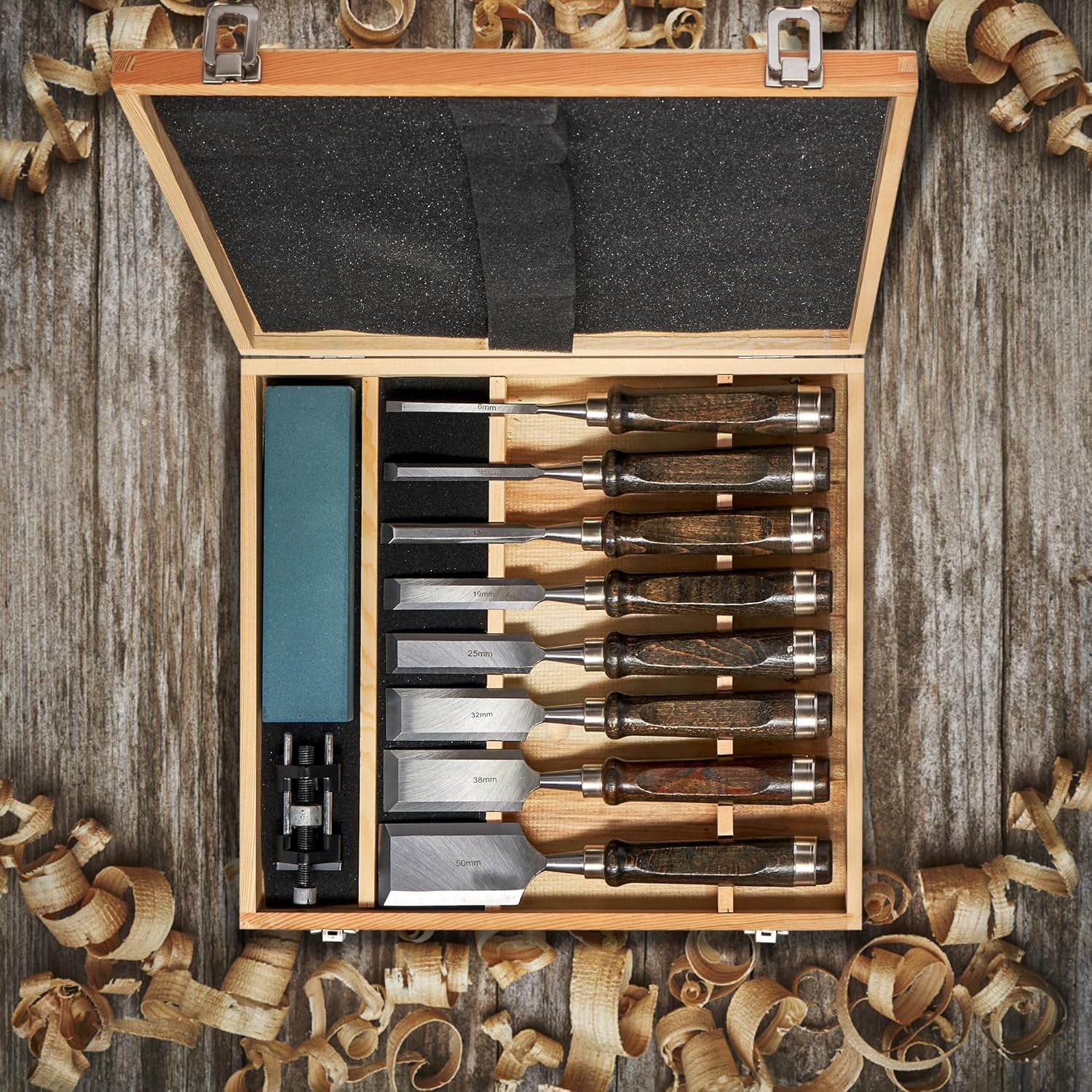 8 Piece Wood Chisel Set for Woodworking Tools Wood Carving Tools with Wooden Case and Sharpening Stones Wood Carving Kit for Beginners and Professionals, Black Walnut