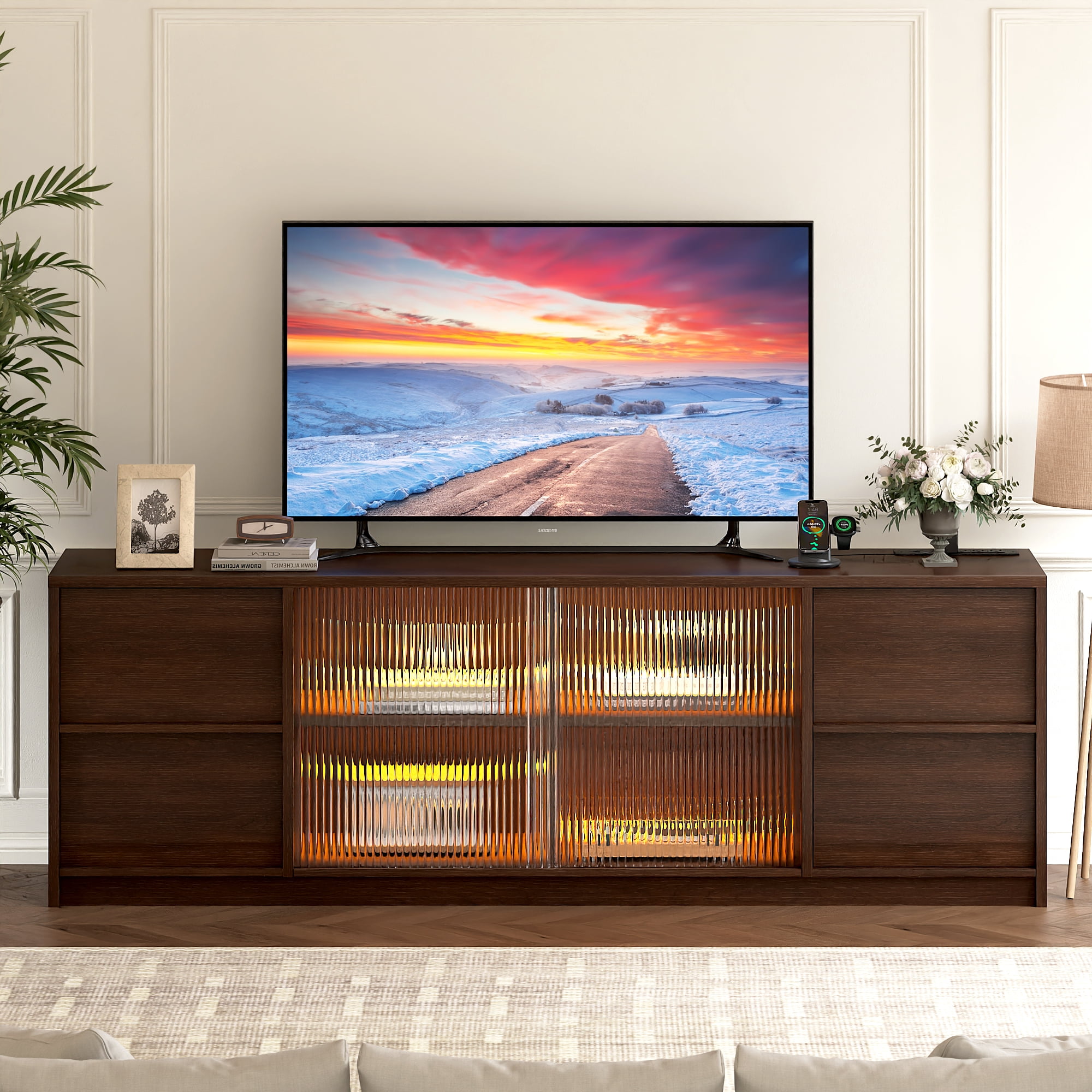 GUNAITO TV Stand for TVs up to 75", Big TV Stand for Living Room with 4 Drawers and LED Lights, Entertainment Center with Storage, Walnut