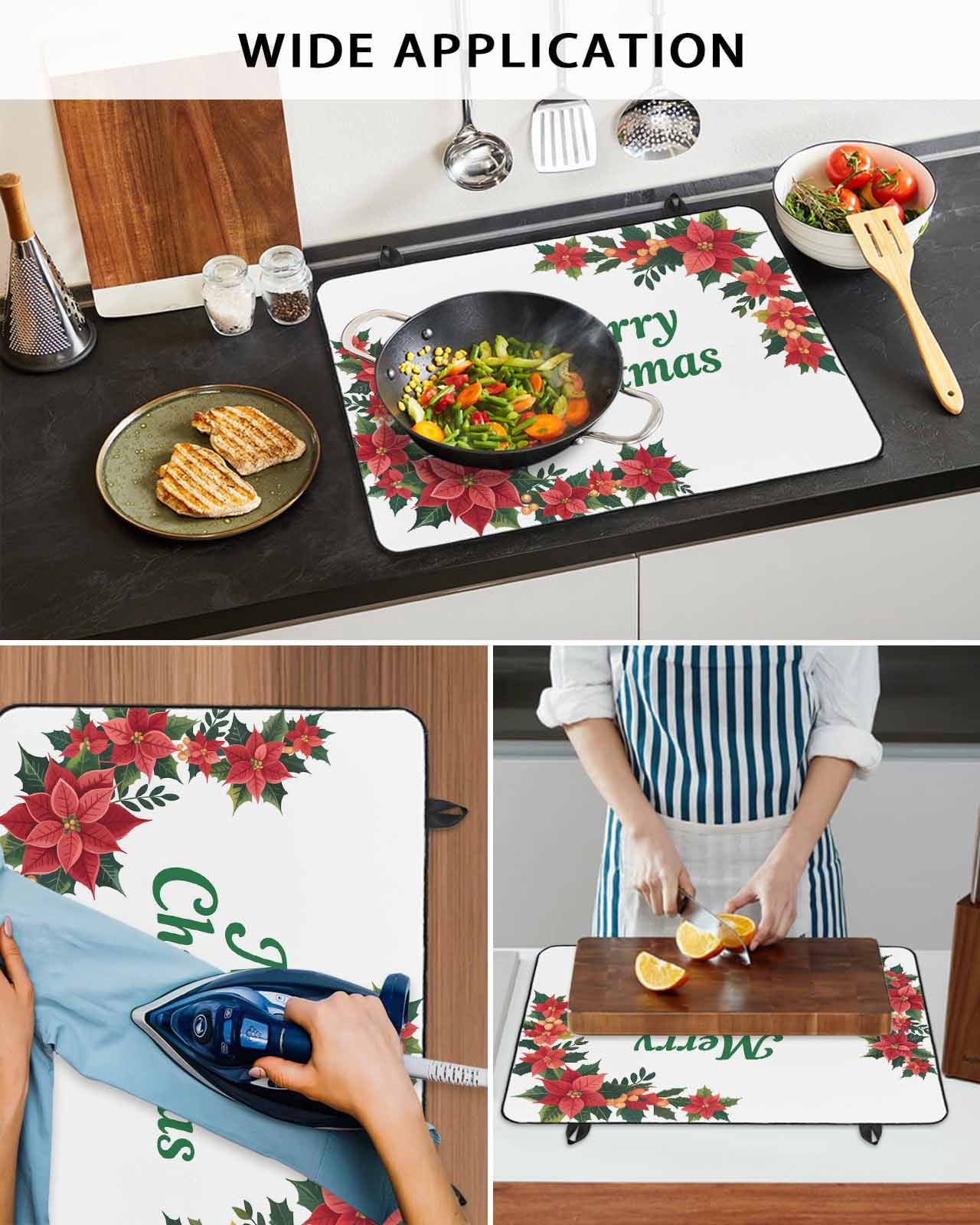 Large Induction Cooktop Protector Mat Christmas Poinsettia Stove Top Covers for Electric Stove, Farmhouse Red Flowers Floral Leaves Decorative Stove Burner Cover Mats, Glass Top Stove Cover