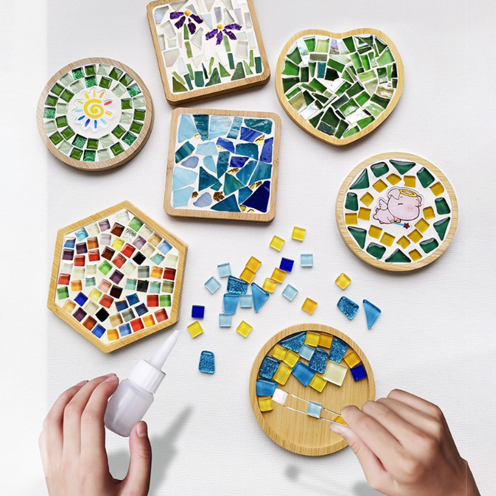 2 Sets DIY Mosaic Tile Kits for Adults - Mixed Color Glass Mosaic Crafts with 2 Wooden Coasters, Stained Glass Art Supplies for Beginners, Women & Kids - Home Decor & Handmade Gift Idea