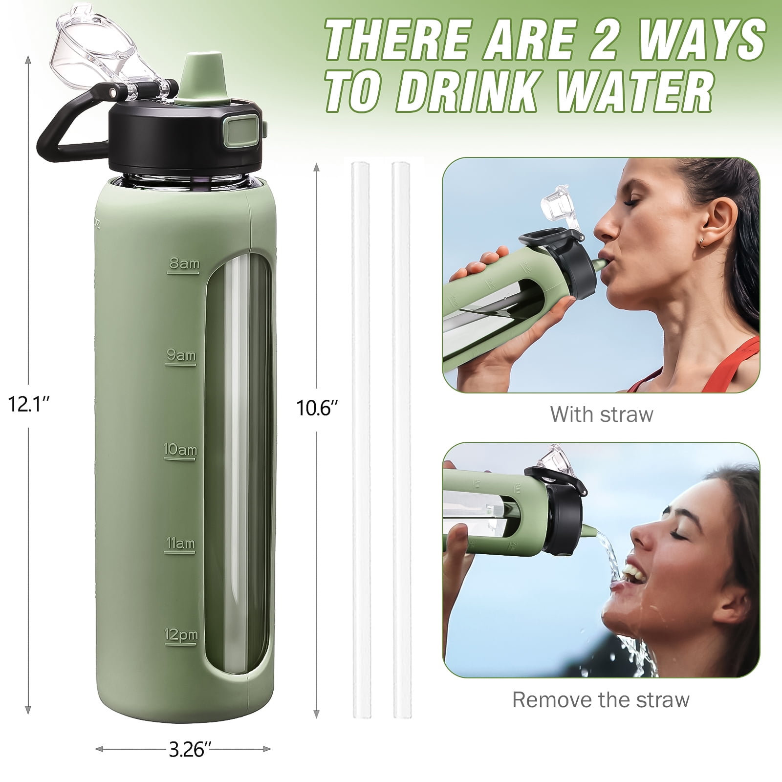 MUKOKO Water Bottle, 32oz Glass Drinking Bottle with Straw, Motivational Water Bottle with Leak Proof Locking Lid , Travel Sports Water Jug with Water Marker, Olive