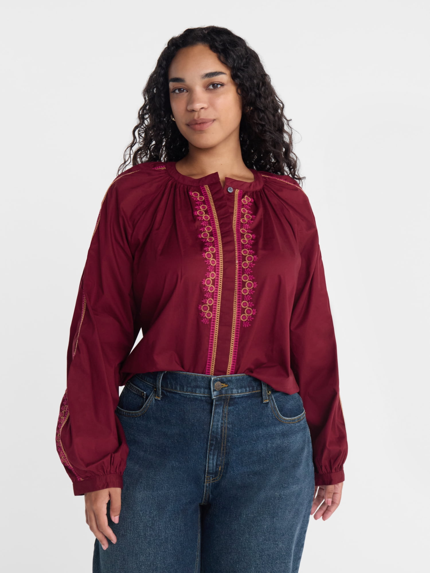 Scenario Women's Embroidery Top with Long Sleeves, Sizes XS-XXXL