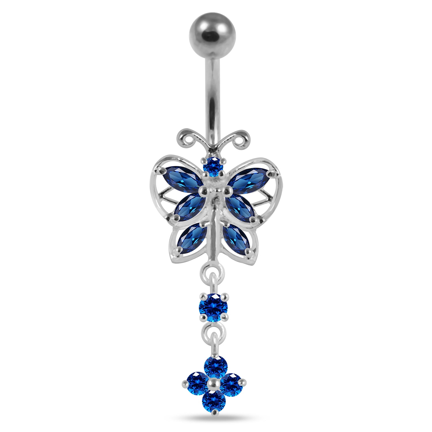 Multi Colored CZ Stone Triple Butterfly Dangling 925 Sterling Silver Belly Button Piercing Ring Jewelry