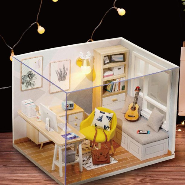 3D DIY Casa de muñecas en miniatura Montaje de madera Sala de estudio Cabaña Decoración de habitación hecha a mano