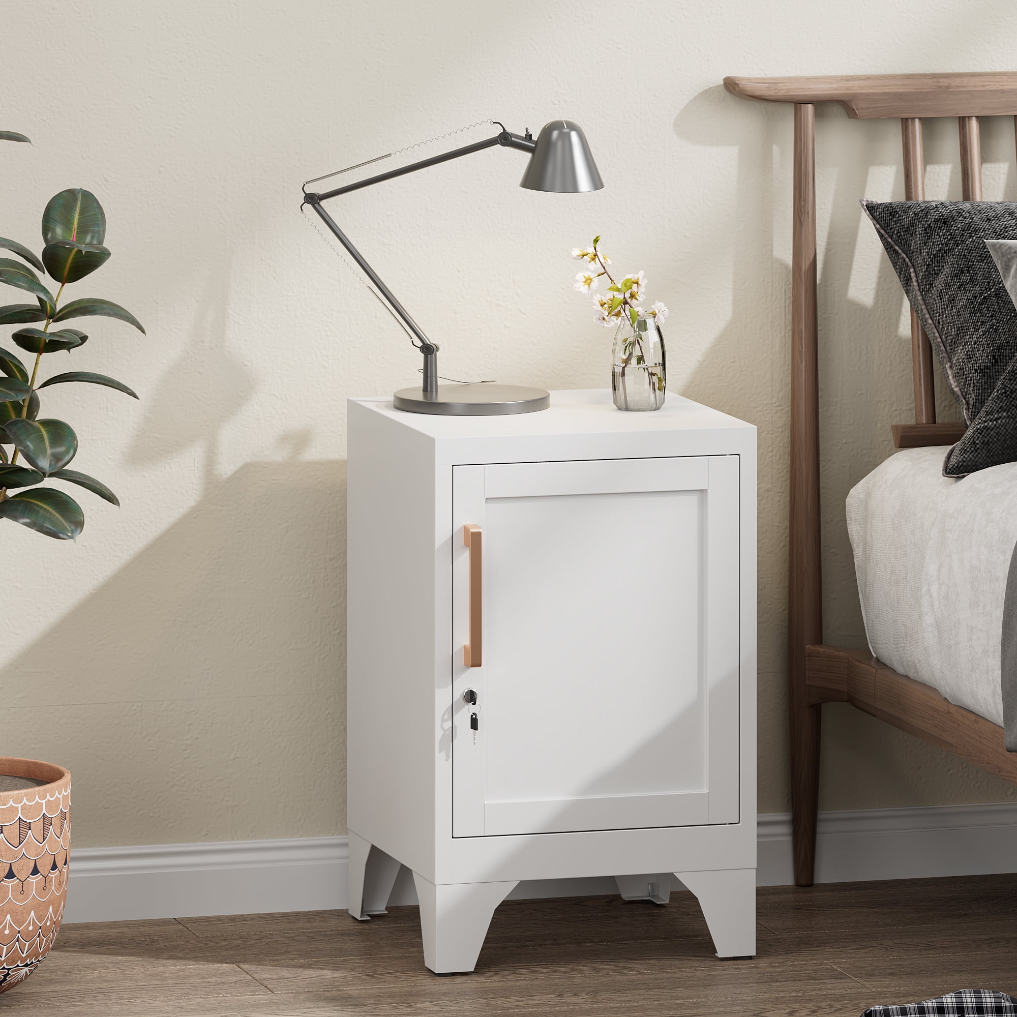 Bestoo Metal NightStand Storage Cabinets with Lock and Adjustable Shelf, Small End Table Side Table for Small Space, Lockable Bedside Table for Home Office Living Room Bed Room, White