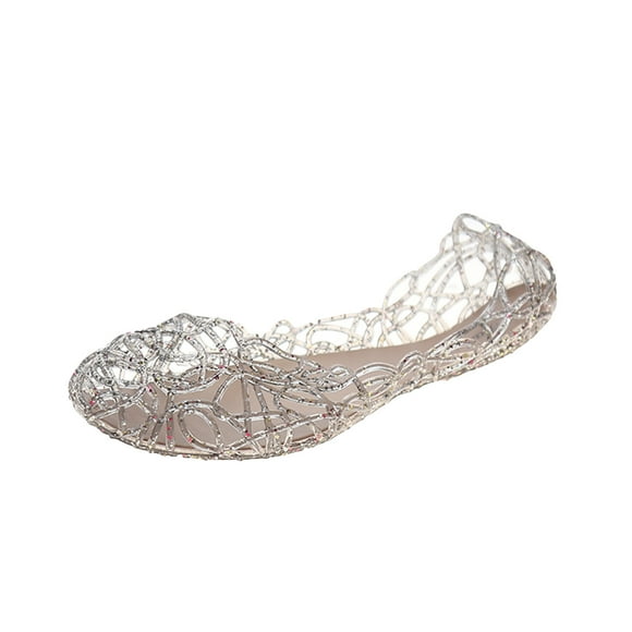 yulier Womens Jelly Sandals Flat Heel Summer Beach Jelly Shoes Slip On Hollow Out Breathable Loafers Crystal Ballet Flats