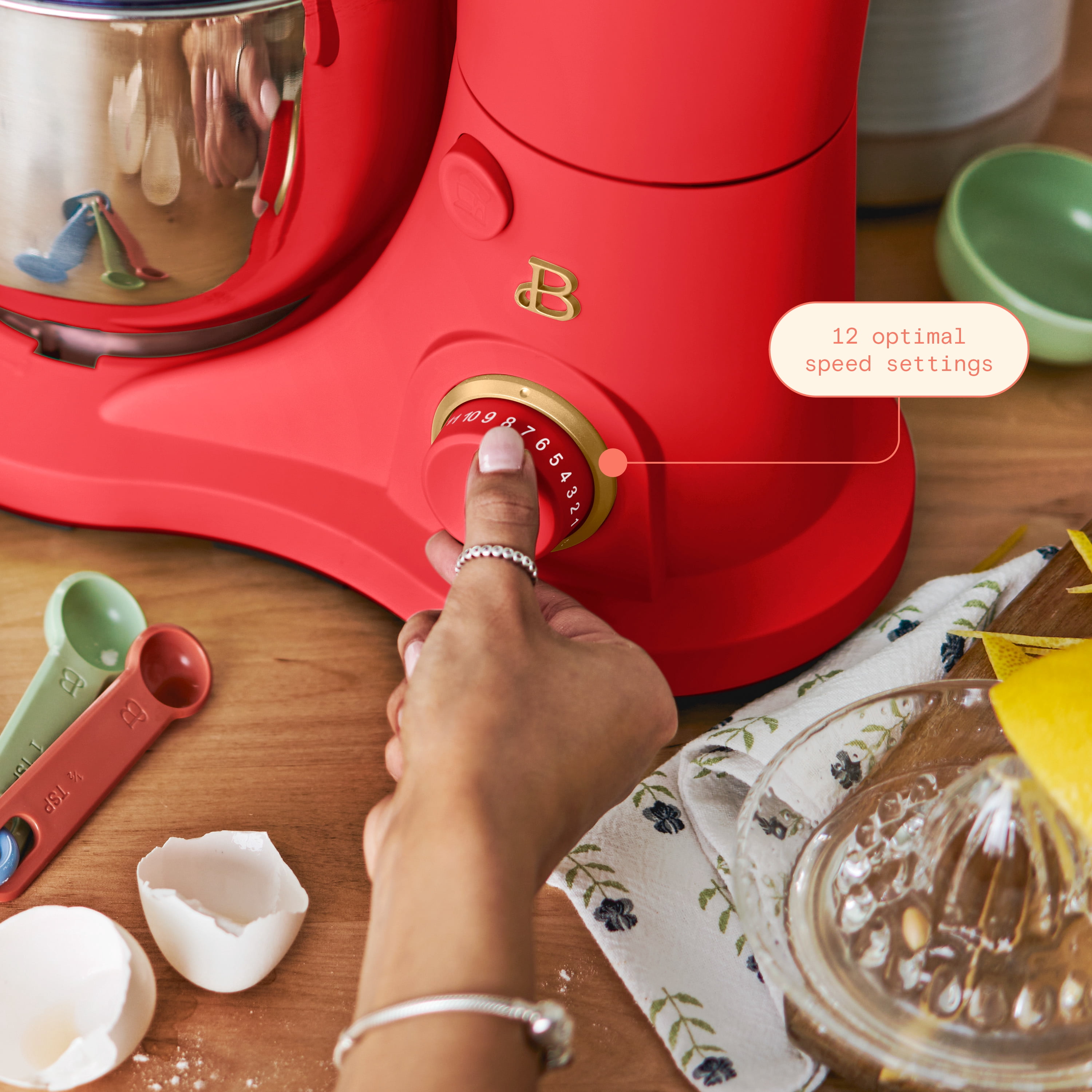 Beautiful 3.5 Qt Stand Mixer with Flat Beater, Dough Hook, Balloon Whisk, Tomato Red by Drew Barrymore