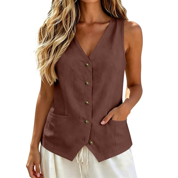 Gsakboxl Tank Tops for Women 2026 Old Money Style Pocket Button Down Cotton Linen Sleeveless Vest Loose Fit Lightweight Breathable Fashion Summer Layering Tank Top Blouse Coffee L