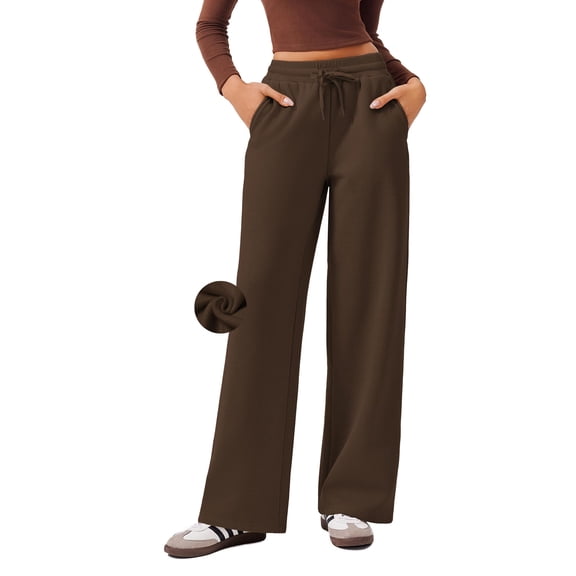 PINSPARK Fleece Lined Wide Leg High Waisted Warm Sweatpants, Chocolate Brown, M