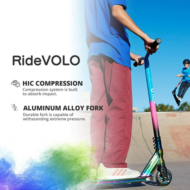 RideVOLO Pro Stunt Scooter with Ultra 5.5/6.7 Wide Aluminum Deck for 8+  Teens and Adults, Trick Scooter with Aluminum Core Wheel, HIC Compression