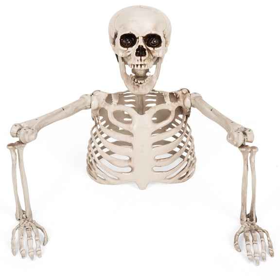 Halloween Half Skeleton Decoration with Red Glowing Eyes & Green Light-Up Body, Posable Arms, Scary Outdoor Yard Garden Lawn Decor for Halloween Party Haunted House