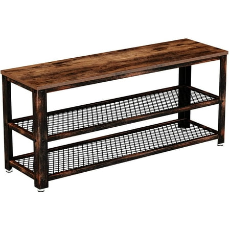 Shoe Bench  3-Tier Shoe Rack  39.4” Storage Entry Bench with Mesh Shelves Wood Seat  Rustic Foyer Bench for Hallway Front Door  Doorway  Living Room  Mudroom  Steel Frame  Rustic Brown