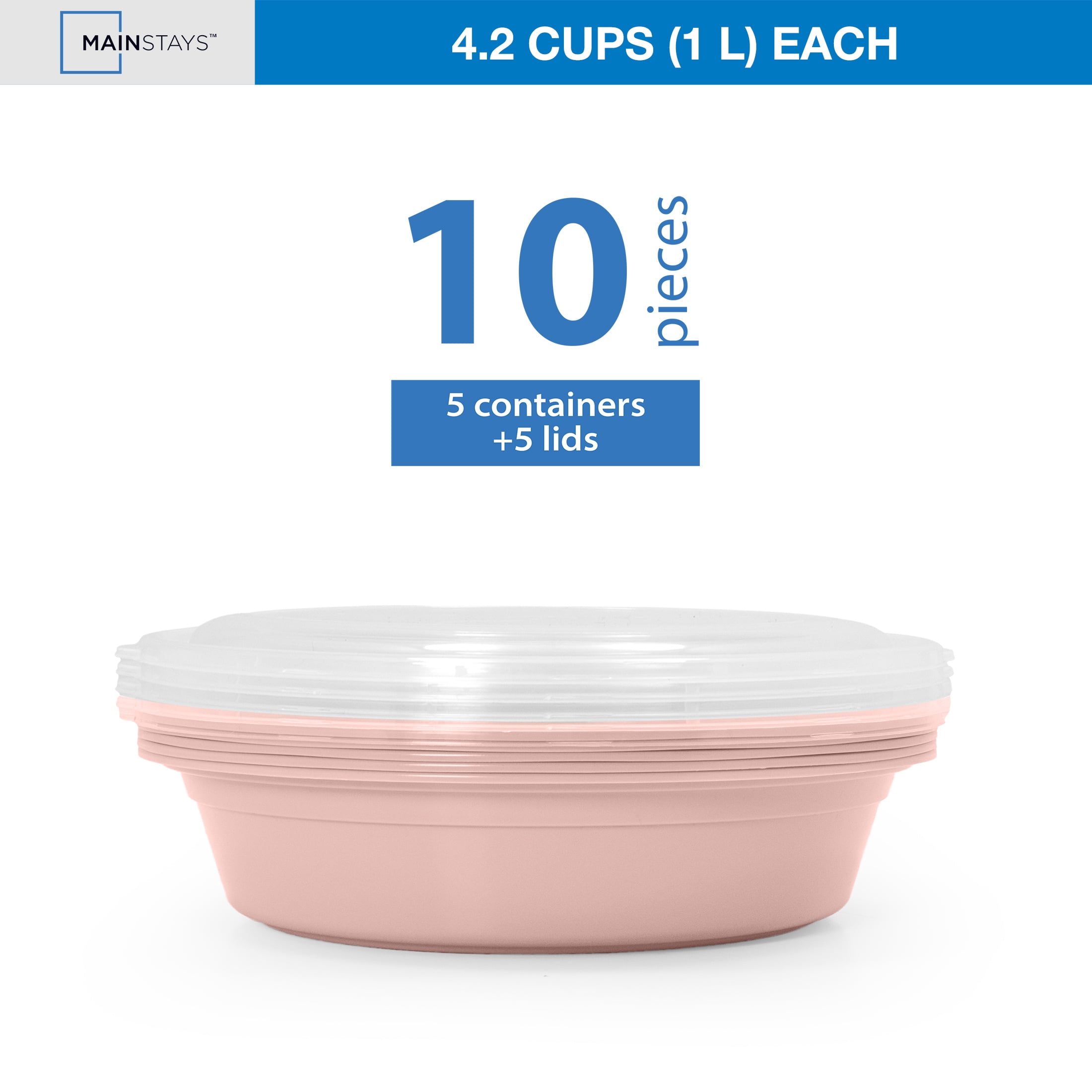 Mainstays 5-Pack 3-Compartment Round BPA-Free Plastic Meal Prep Food Storage Containers, 1L, Pink Blush