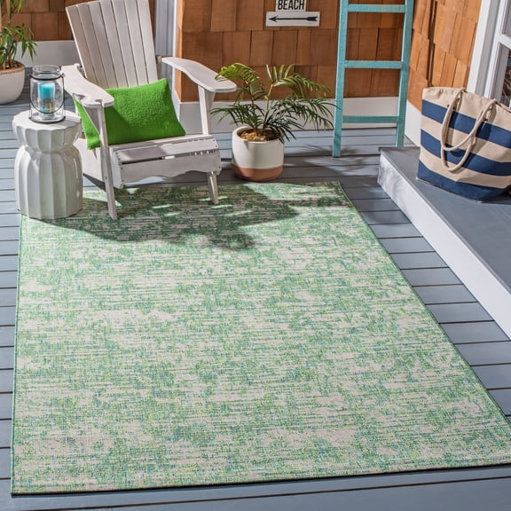 SAFAVIEH Courtyard Isolde Abstract Indoor/Outdoor Area Rug, Green Blue/Ivory, 4' x 5'7"