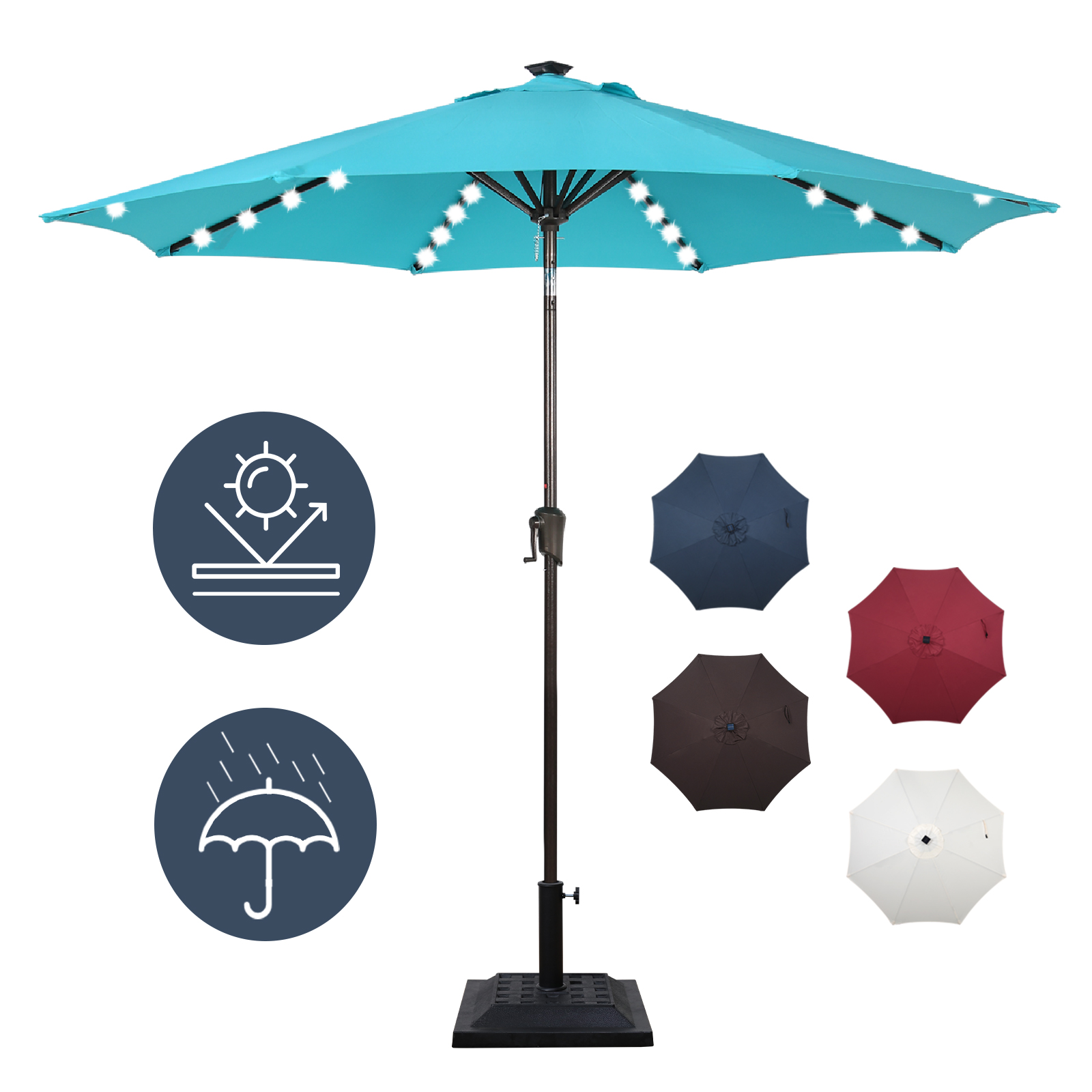 COBANA 9Ft Solar Patio Umbrella with Base Included, Lighted Outdoor