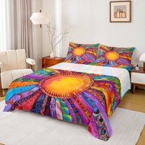 Manfei Colorful Geometric Stripe Queen Sheet Sets,Vintage bohemian Line Flat Sheet,Boho Exotic Style Queen Fitted Sheet For Men Women,Ultra Soft Home Decor,4pcs