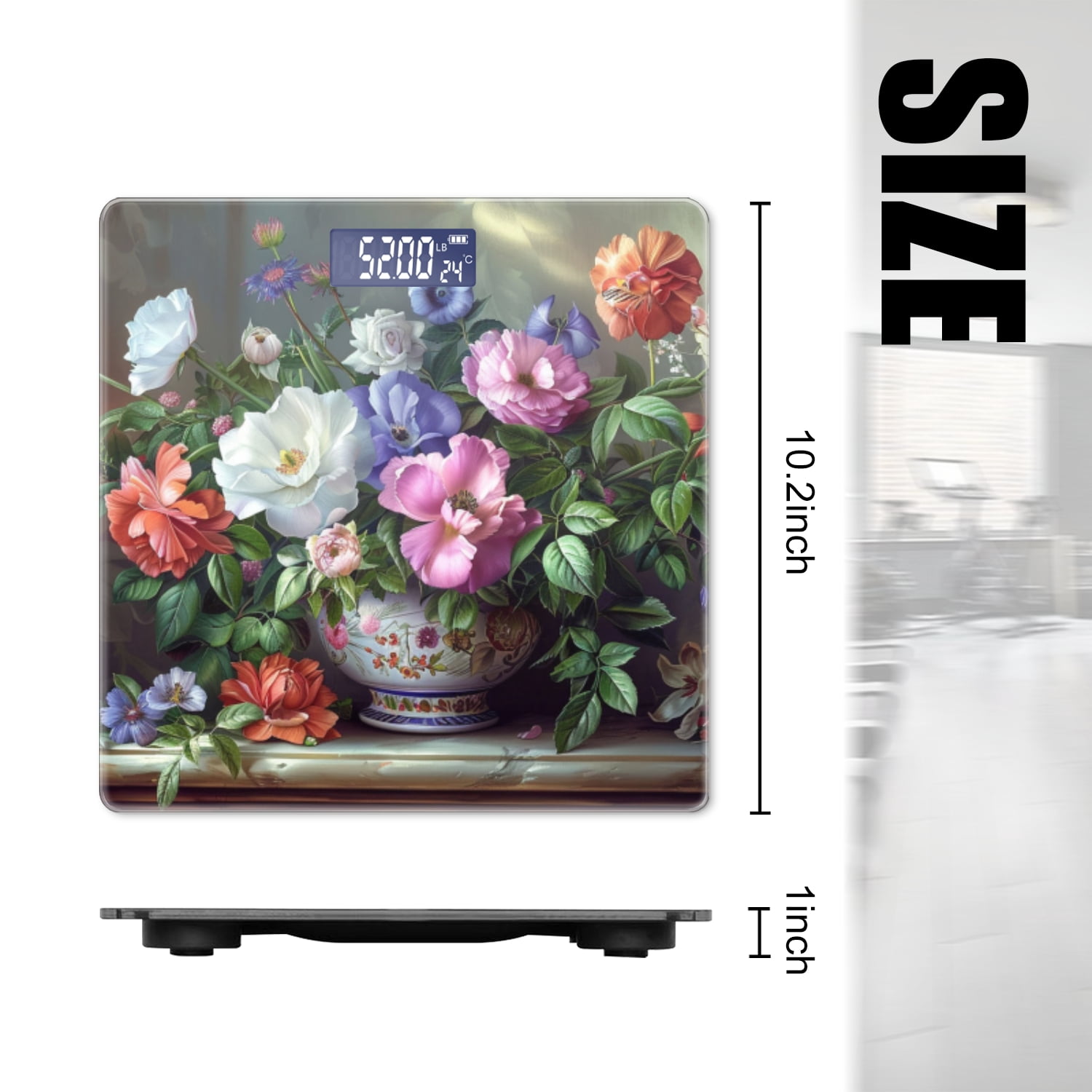 Bathroom Scale, Highly Accurate Digital Body Scale,Precisely Measures Weight up to 400 lbs-Vase Of Colorful Flowers Placed On The Table