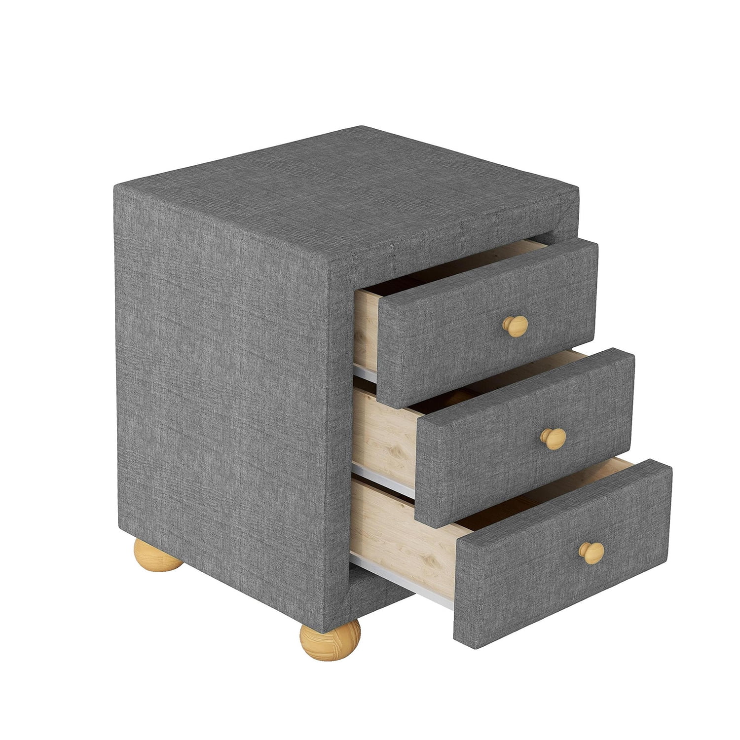 Resenkos Modern 3 Drawers Upholstered Nightstand with Natural Wood Knobs in Dark Gray