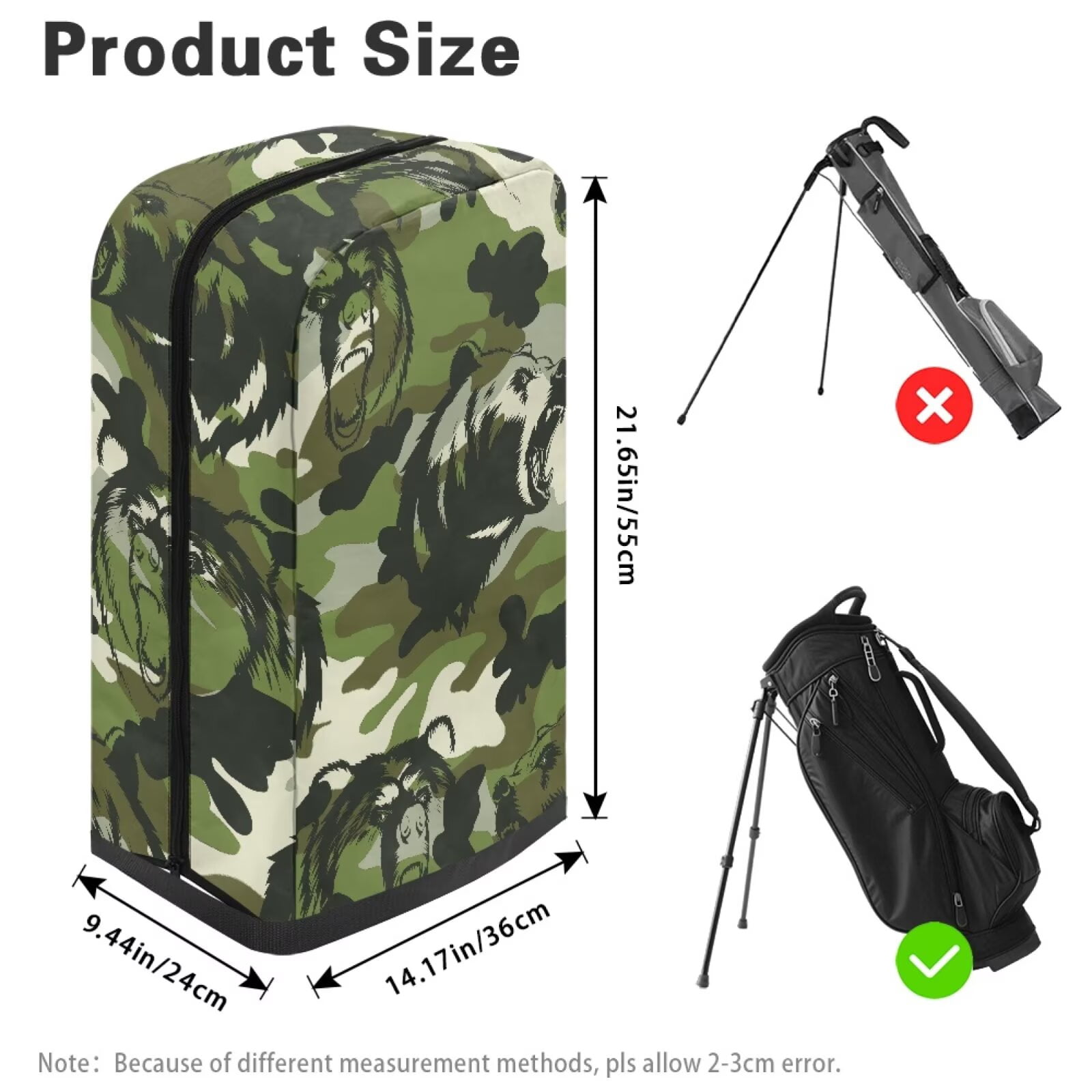 Chririnla Camo Bear Hood Golf Bag Cover Waterproof Rain Cape Dust Protection Cover for Clubs, Fits Most Stand Bags, Cart Bags & Tour Bags