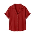 thumbnail image 4 of ClodeEU Women's Lapel Collar Pleated Short Sleeve Button Down Shirt,Solid Color Casual Blouse Red,Women's Plus XL, 4 of 8